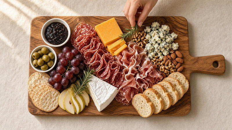 Overhead view of a finished charcuterie board for six with cheeses, cured meats, grapes, crackers and olives on linen