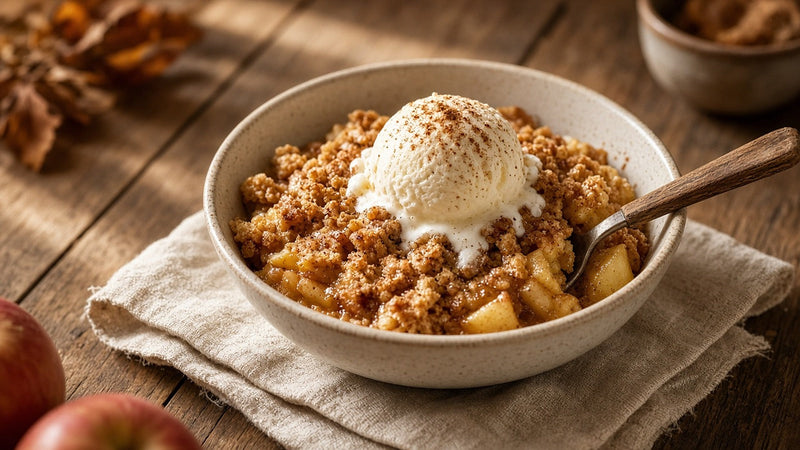 A warm bowl of apple crisp with a scoop of vanilla ice cream on a linen napkin, fresh apples and autumn leaves around it