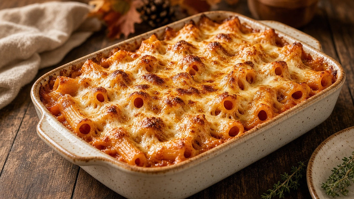 A bubbling baked pasta in a cream baking dish on a rustic wood table with autumn leaves