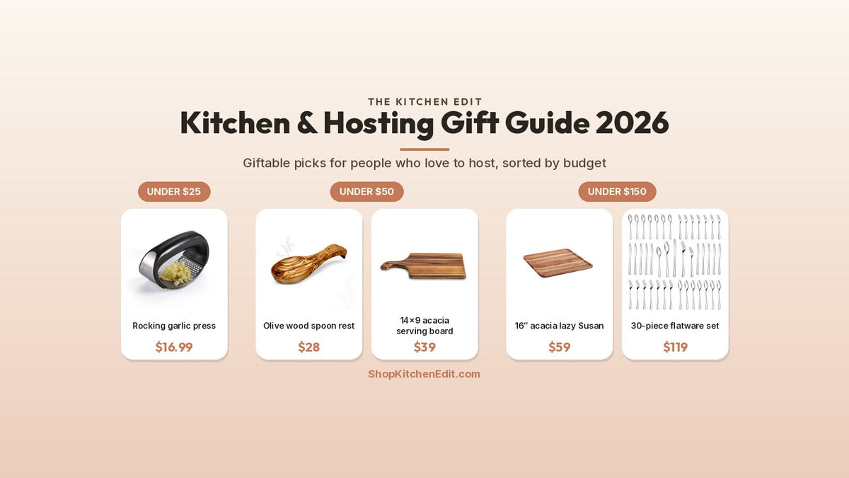 Kitchen and hosting gift guide 2026: gift picks sorted by price, from a rocking garlic press to a 30-piece flatware set