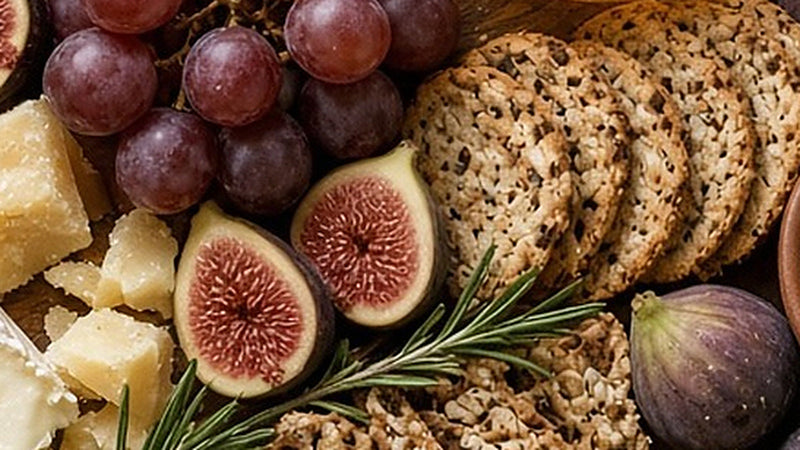 A close-up of a holiday grazing spread with figs, red grapes, cheese, crackers and rosemary