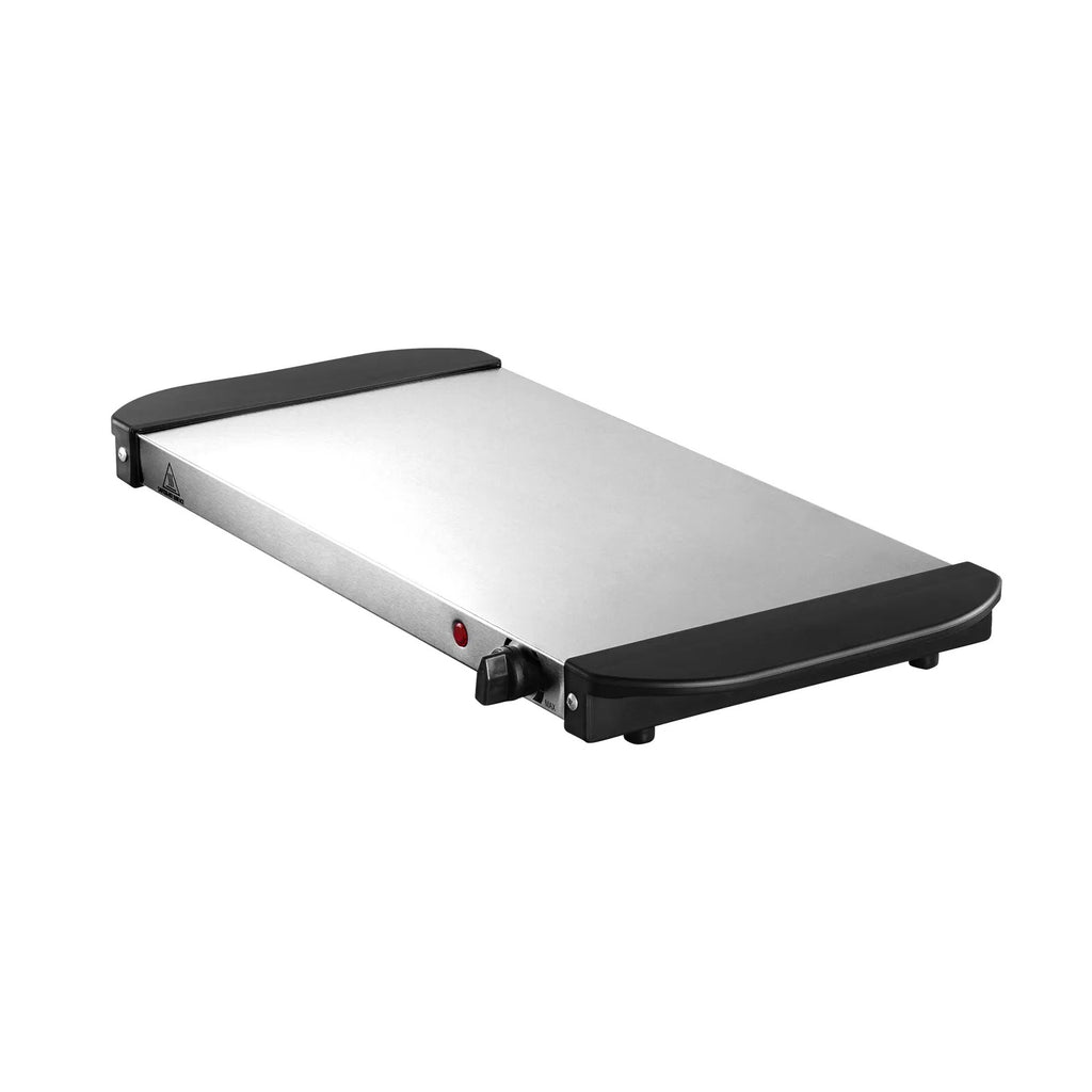 Stainless steel electric warming tray with black heat-resistant handles and a temperature knob