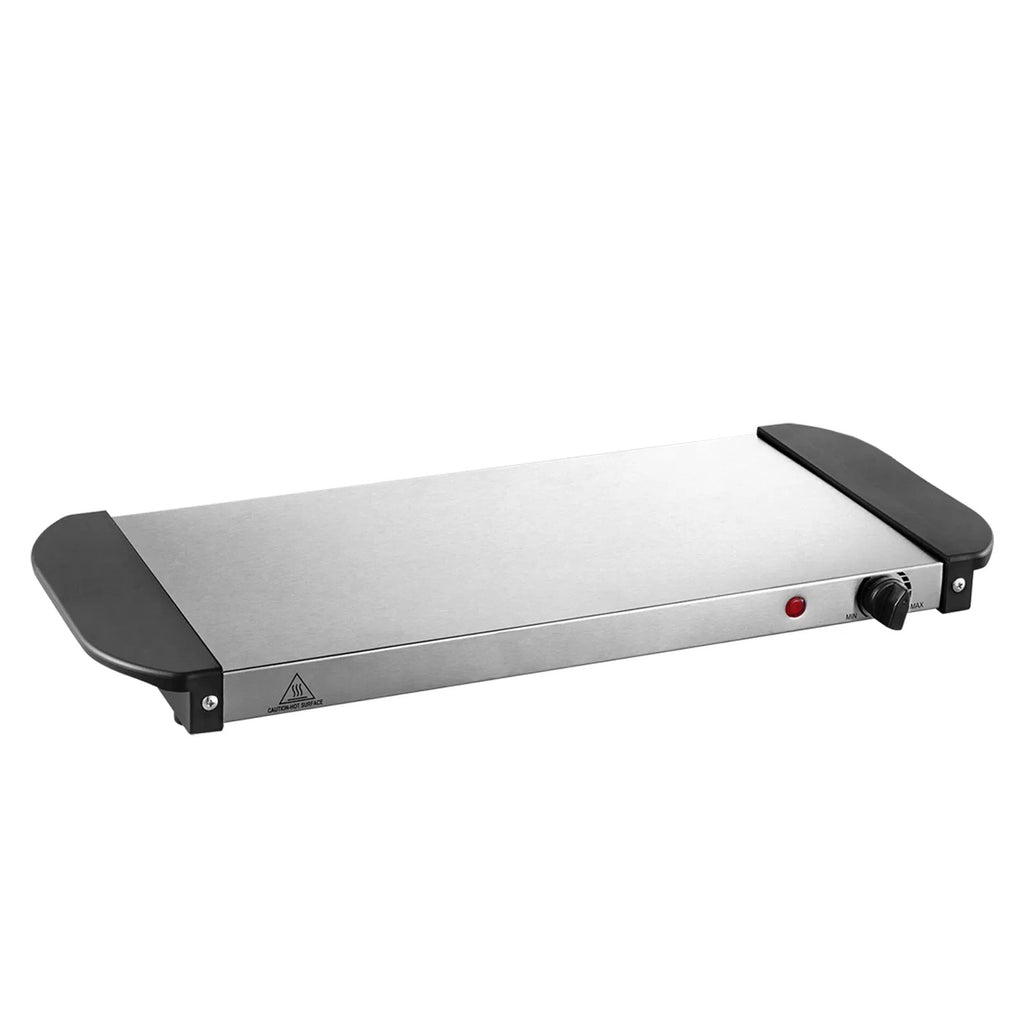 Front view of the electric warming tray showing the indicator light and MIN to MAX knob