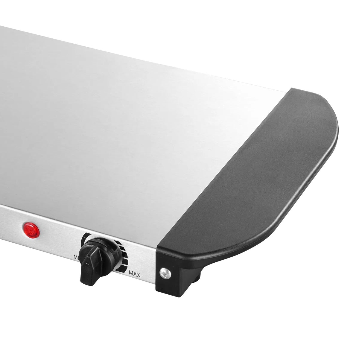 Close-up of the warming tray temperature knob and indicator light