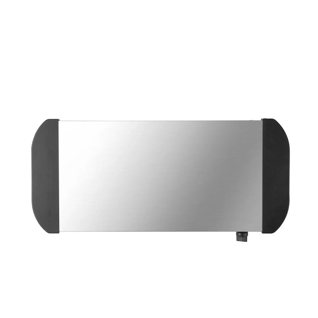Top-down view of the stainless steel warming surface between two black handles