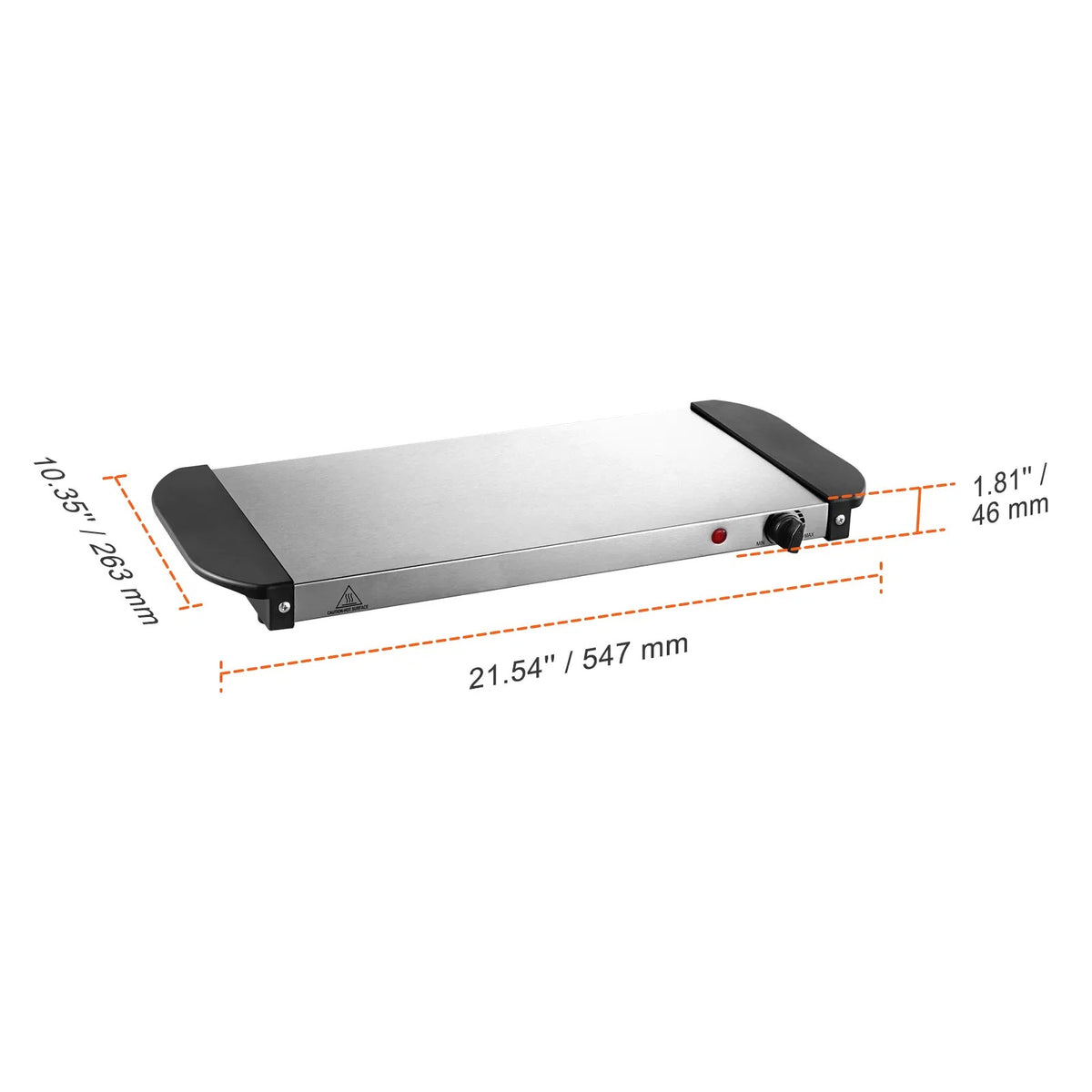 Electric warming tray with dimensions marked: 21.54 by 10.35 by 1.81 inches