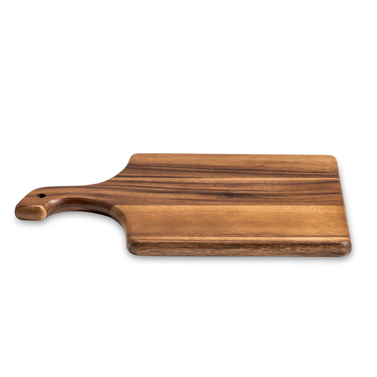 Medium acacia wood serving board with handle, about 14 by 9 inches