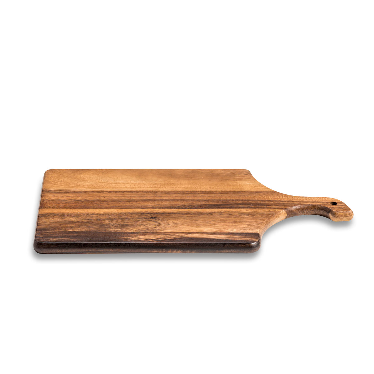 Large acacia wood serving board with handle, about 18 by 10 inches