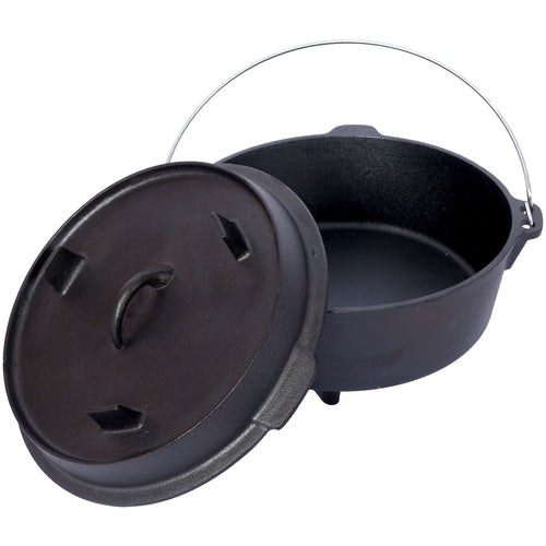 8-quart cast iron camp Dutch oven with the skillet lid lifted to show the deep interior