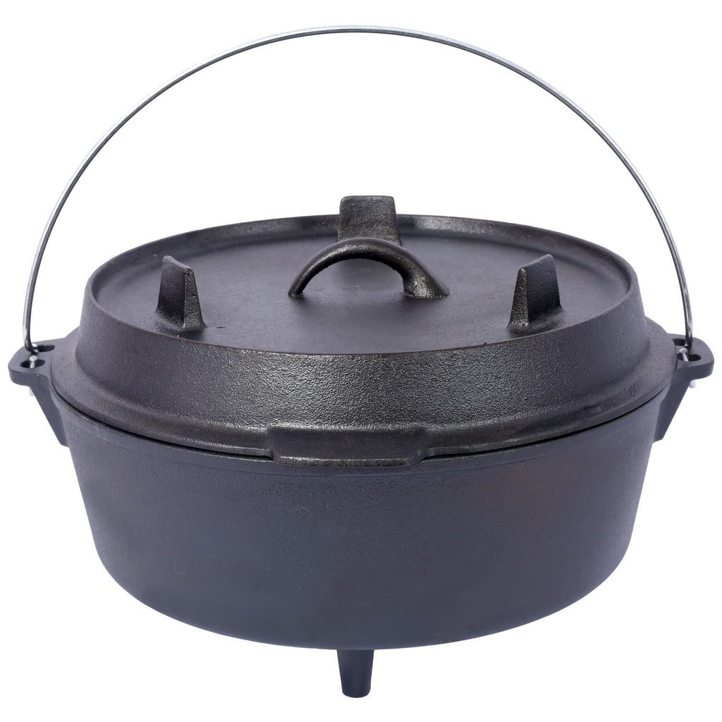 8-quart cast iron camp Dutch oven with skillet lid, wire bail handle and three legs