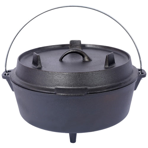 8-quart cast iron camp Dutch oven with skillet lid, wire bail handle and three legs