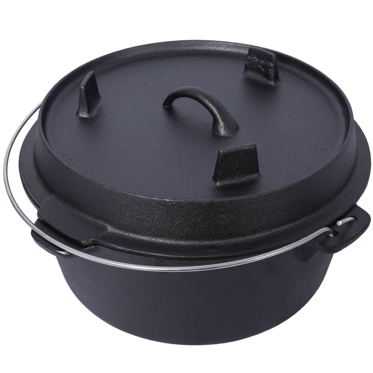 Cast iron Dutch oven from above with lid handle and lid tabs