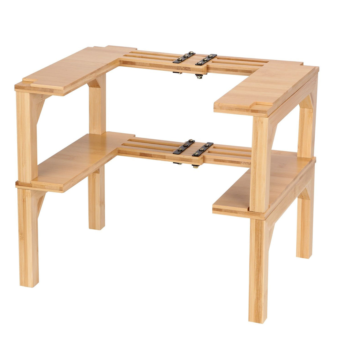 Bamboo two-tier expandable spice rack, angled view on a white background