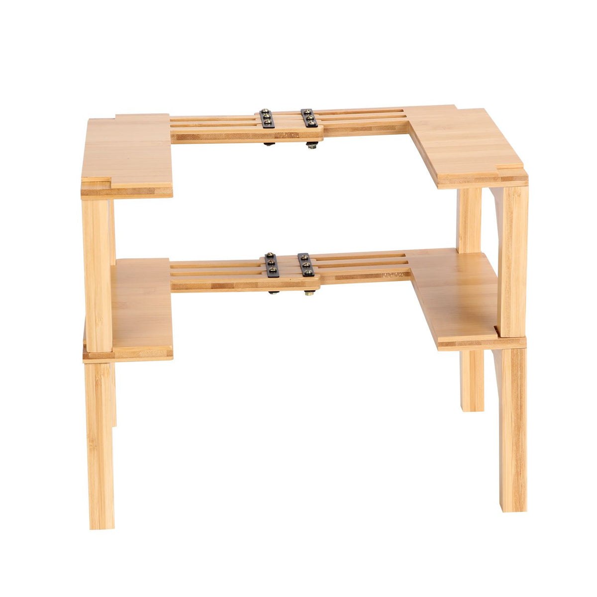 Bamboo two-tier expandable spice rack, front view on a white background
