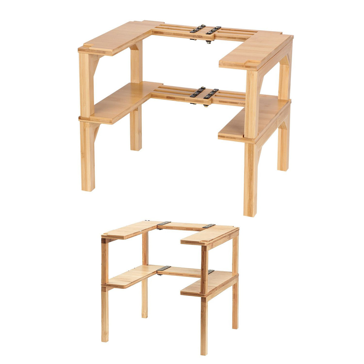Bamboo two-tier spice rack shown from two angles on a white background