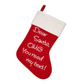 Red felt Christmas stocking with a white cuff and embroidered "Dear Santa, OMG you read my text!" lettering