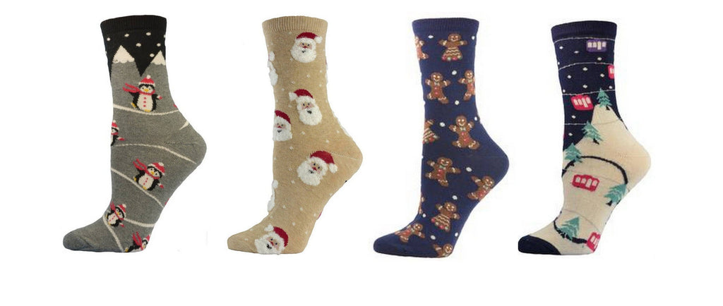 Four holiday cotton crew sock designs: penguin, Santa, gingerbread and snowy village (one pair included, design varies)