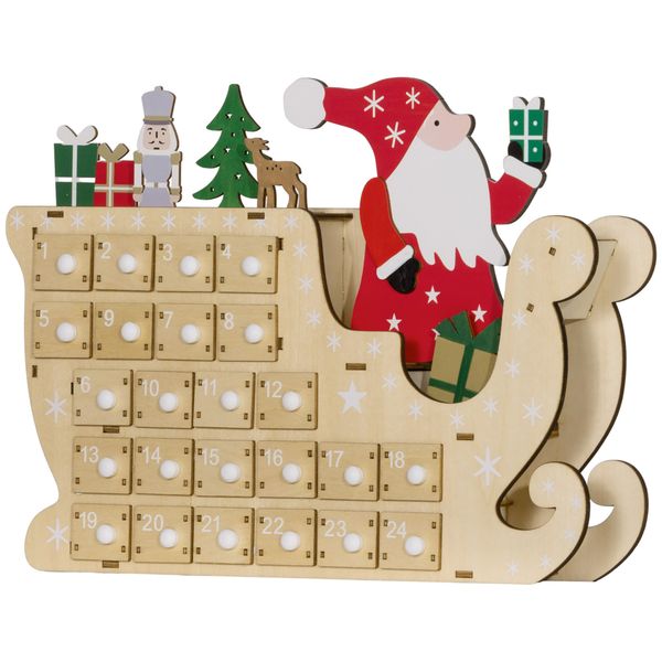 Natural wood Santa-sleigh advent calendar with 24 small refillable drawers